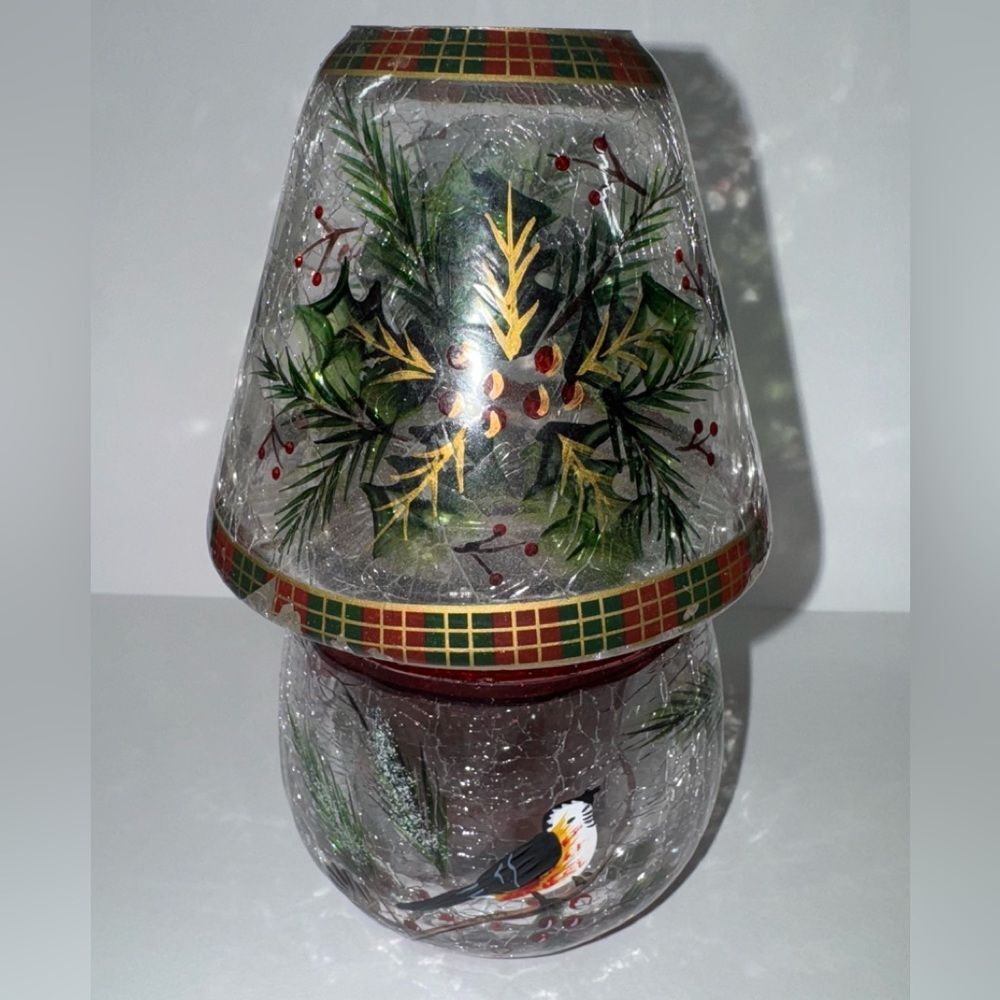 Yankee Candle Tealight Crackle Glass Votive Candle Holder Winter Birds Cardinals